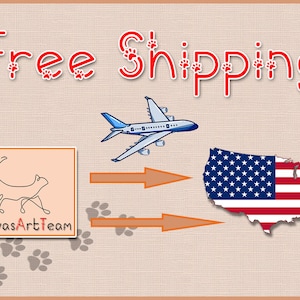 May include: Free shipping within the United States is offered by CanvasArtTeam. The image shows a stylized line drawing of a cat, a plane flying over a map of the United States, and two orange arrows pointing from the cat to the map.