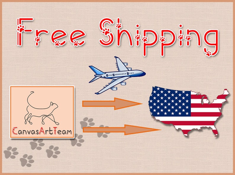 May include: Free shipping within the United States is offered by CanvasArtTeam. The image shows a stylized line drawing of a cat, a plane flying over a map of the United States, and two orange arrows pointing from the cat to the map.