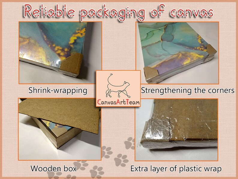 May include: Reliable packaging for canvas art. The canvas is shrink-wrapped, the corners are reinforced, and it is placed in a wooden box with an extra layer of plastic wrap.