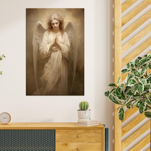 Guardian angel canvas wall art Catholic wall decor Modern christian art AI art Angel painting print Beige christian wall art Housewarming gift
