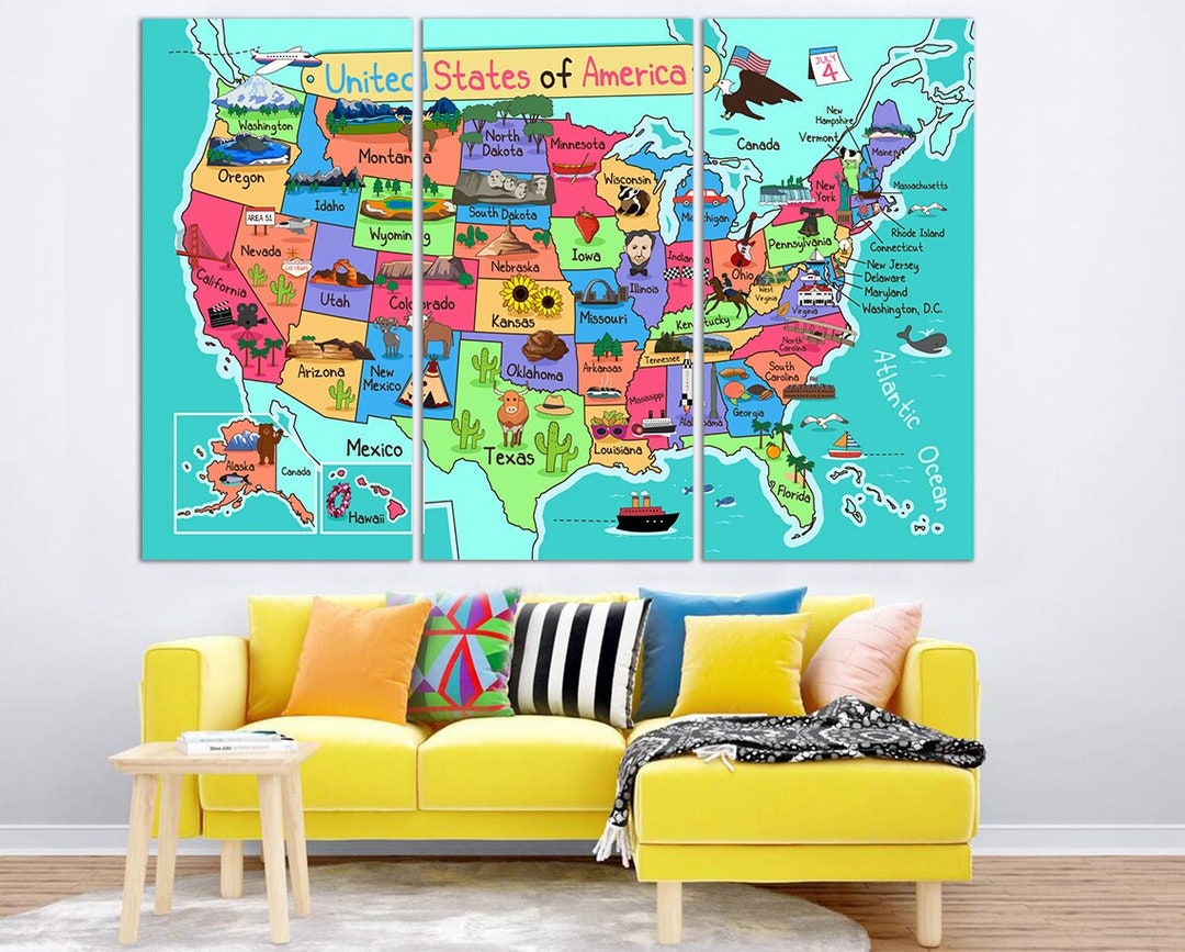 Illustrated Map Kids Map Wall Art USA Map Canvas Print United States
