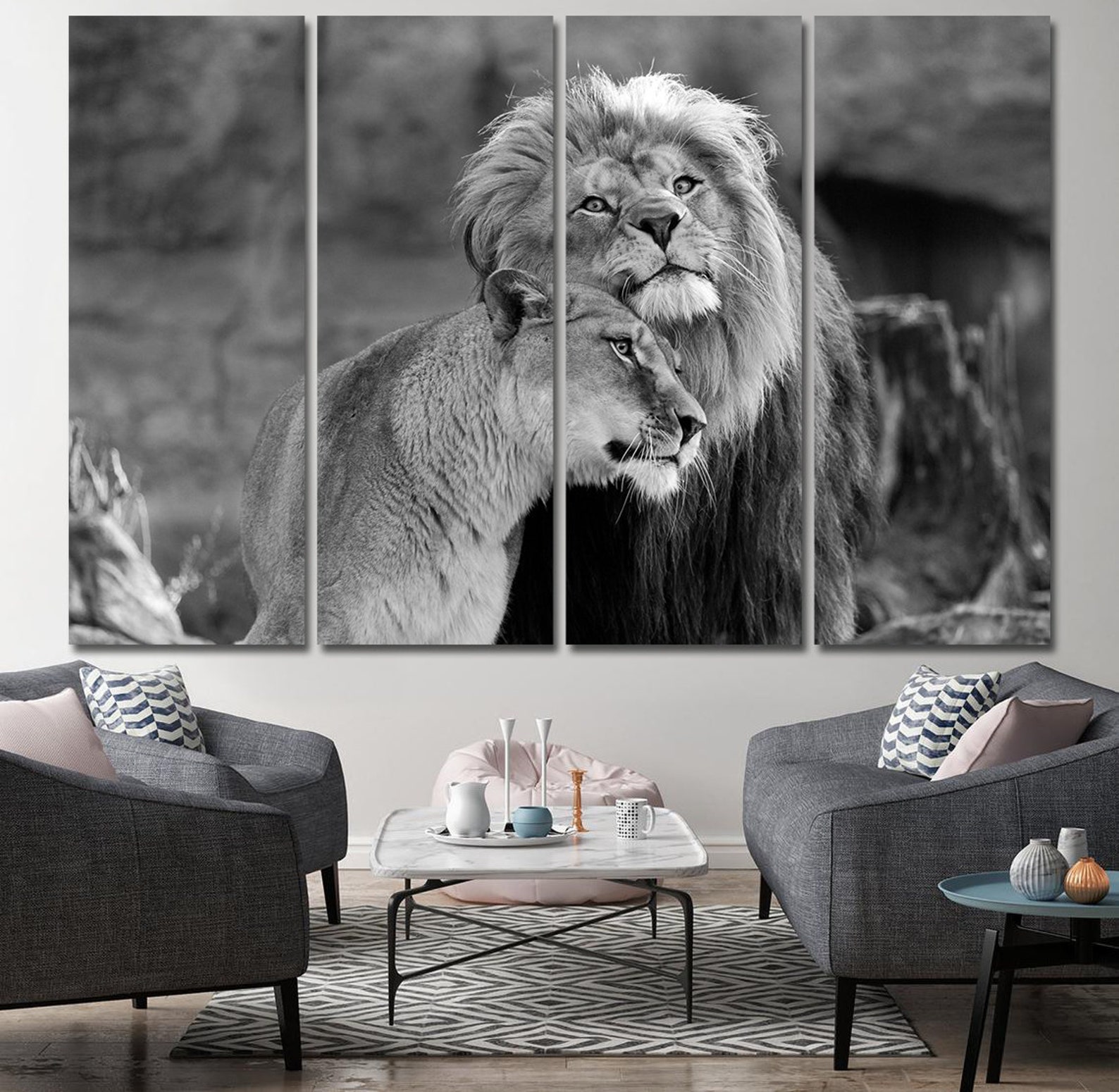 Lion family wall art Wildlife wall décor Black white art | Etsy