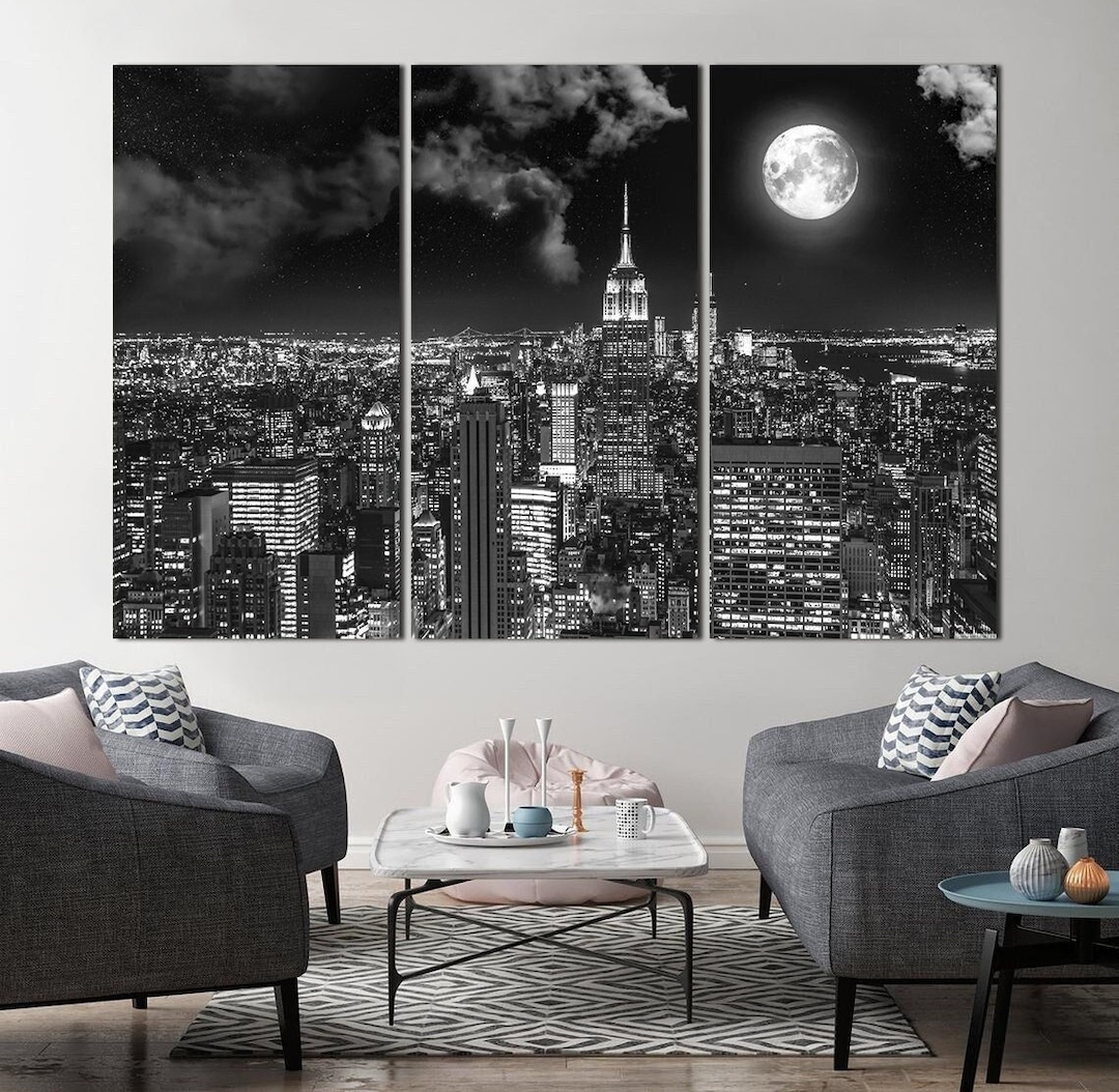 New York City Canvas Wall Art Black and White Night NY Print Whimsigoth ...