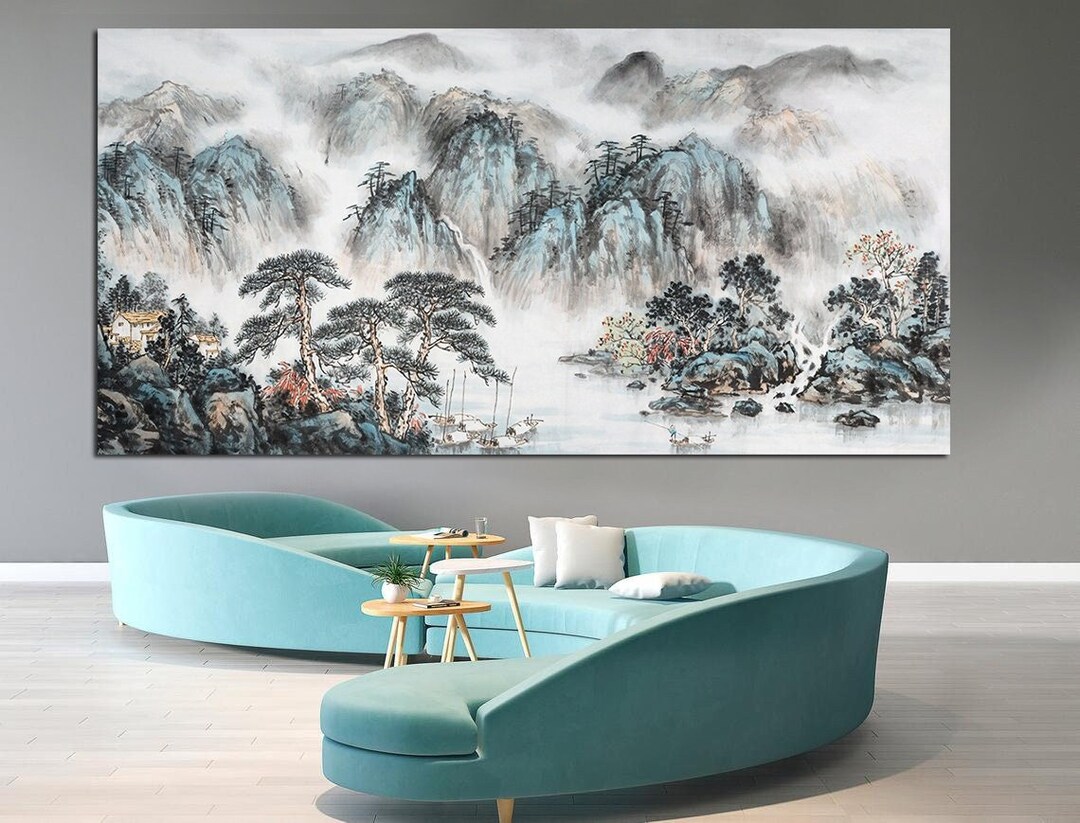 Original Japanese Monochrome Mountain Landscape Wall Art Trendy Asian ...
