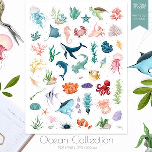 Oceaan printbaar stickervel | Onder zee plannerstickers | Bullet journal-stickers | Printbare stickers voor zeedieren | Onderwaterstickers