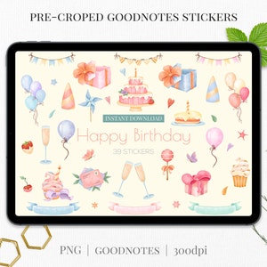 Autocollants Goodnotes pour fête d'anniversaire | Autocollants de planificateur numérique d'anniversaire mignon | Stickers numériques festifs pré-recadrés | Fichiers png d'anniversaire