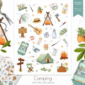Hoja de pegatinas para acampar / Pegatinas para planificadores al aire libre / Pegatinas para diarios de balas / Bonitas pegatinas imprimibles de verano / Archivos PNG de aventuras
