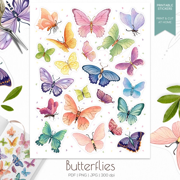 Butterfly printable sticker sheet | Butterfly planner stickers | Bullet journal stickers | Summer printable stickers | Butterfly stickers