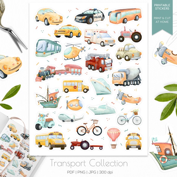 Transport printable sticker sheet | Cute car planner stickers | Bullet journal stickers | Vehicle printable stickers | Car stickers