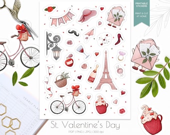 Valentinstag Stickerbogen | Romantische Planer Aufkleber | Bullet Journal Sticker | Valentinstag druckbare Aufkleber | Liebe PNG-Dateien