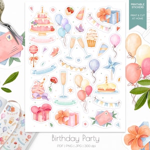 Geburtstag Stickerbogen | Party Planer Aufkleber | Bullet Journal Aufkleber | Geburtstagsparty druckbare Aufkleber | Geburtstagsdekoration PNG