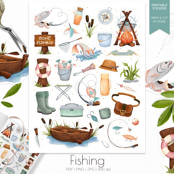 Fishing printable stickers | Camping stickers collection | Summer sticker bundle |  Fishing sticker pack | Outdoor digital stickers