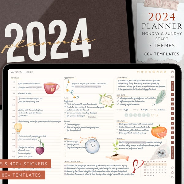 Digital planner 2024 |  Daily planner |  Weekly, monthly and 2024 calendar |  Goodnotes, Notability planner 2024 |  Hyperlinked planner ipad