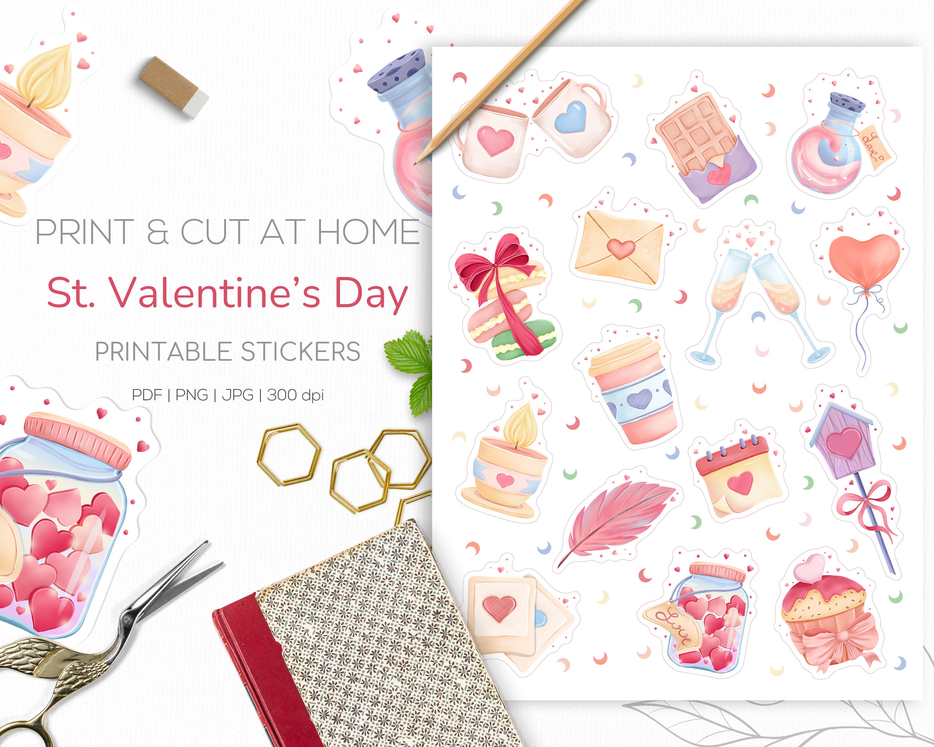 Valentine's Day Printable Sticker Sheet, Valentine's Stickers, Sticker for  Valentine's, Cute Stickers, Cute Valentine's Sticker, 12 ct.