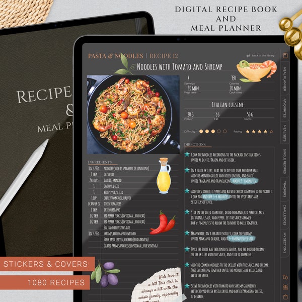 Digital Recipe Book Dark mode |  Digital Meal Planner for Goodnotes, Notability, etc. |  Digital Cookbook |  Grocery List, Kitchen Inventory