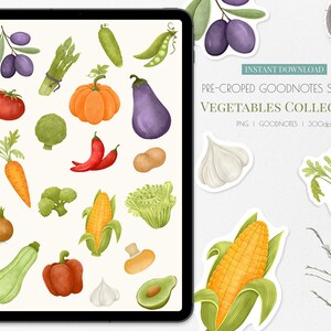 Autocollants Goodnotes de légumes | Autocollants de planificateur numérique végétarien mignon | Autocollants numériques d'aliments sains pré-recadrés | Fichiers png de légumes