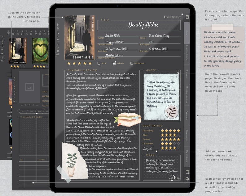 Digitales Lesetagebuch Dunkelmodus Lesezeichen Buchbesprechung und Bibliothek-Tracker für Goodnotes Leseplaner für iPad Bild 3