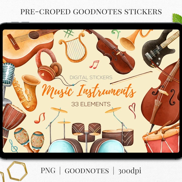 Music Goodnotes stickers | Cute digital planner stickers | Pre-cropped orchestra bullet journal stickers | Music instruments png files