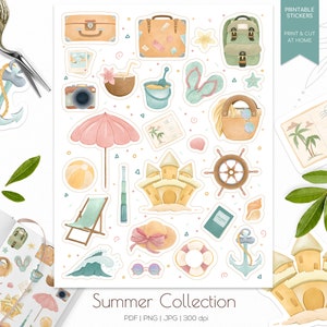Pegatinas imprimibles de verano / Colección de pegatinas de playa / Paquete de pegatinas de verano / Paquete de pegatinas de viajes de verano / Pegatina digital de vacaciones en la playa