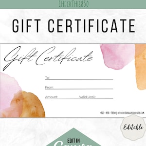 Pink Orange Watercolor Gift Certificate Template, Canva, Gift Voucher Template, DIY Gift Card, Editable Gift Card Template, Voucher Template