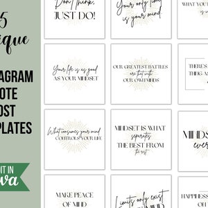 May include: A collection of 15 Instagram quote post templates with motivational phrases in a minimalist design. The templates feature phrases like "Don't think, just do!" and "Mindset is everything." The text is in black on a white background.