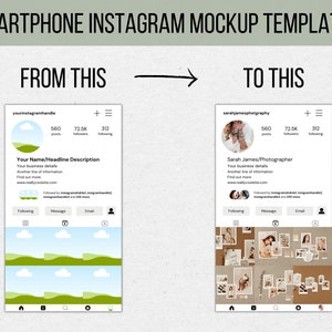 K&ouml;nnte beinhalten: Zwei Screenshots von Instagram-Profilen, eines mit einem gr&uuml;nen und blauen Landschaftsdesign und das andere mit einer Fotocollage. Beide Profile haben die gleiche Anzahl an Beitr&auml;gen, Followern und Abonnenten. Der Text auf dem ersten Profil lautet "yourinstagramhandle" und der Text auf dem zweiten Profil lautet "sarahjamesphotography".