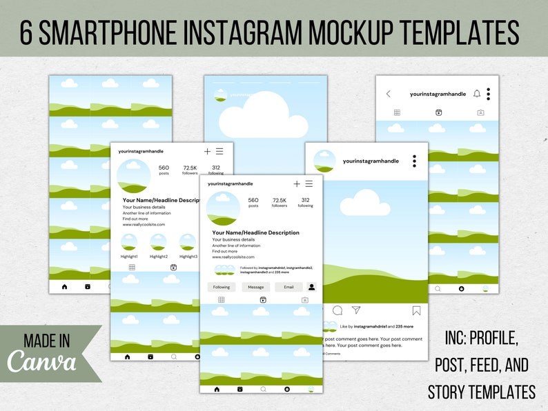 K&ouml;nnte beinhalten: Sechs anpassbare Instagram-Mockup-Vorlagen f&uuml;r einen Telefonbildschirm. Die Vorlagen zeigen einen blauen Himmel mit wei&szlig;en Wolken und gr&uuml;nen H&uuml;geln. Die Vorlagen umfassen ein Profil-, Post-, Feed- und Story-Layout. Der Text "yourinstagramhandle" ist in den Mockups enthalten.
