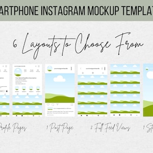 K&ouml;nnte beinhalten: Sechs Instagram-Mockup-Vorlagen mit einem gr&uuml;nen, blauen und wei&szlig;en Farbschema. Die Vorlagen umfassen Profilseiten, eine Post-Seite, vollst&auml;ndige Feed-Ansichten und eine Story-Seite. Der Text auf dem Bild lautet "6 Layouts to Choose From".