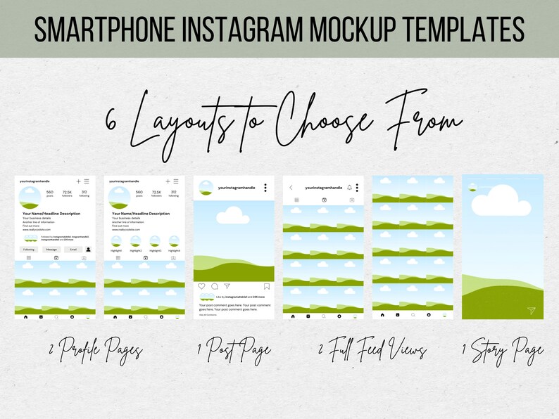 K&ouml;nnte beinhalten: Sechs Instagram-Mockup-Vorlagen mit einem gr&uuml;nen, blauen und wei&szlig;en Farbschema. Die Vorlagen umfassen Profilseiten, eine Post-Seite, vollst&auml;ndige Feed-Ansichten und eine Story-Seite. Der Text auf dem Bild lautet "6 Layouts to Choose From".