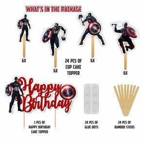 Pu&ograve; includere: Un set di decorazioni per feste a tema Captain America. Include topper per cupcake, un cake topper con la scritta "Happy Birthday", punti colla e bastoncini di bamb&ugrave;. La confezione contiene 6 topper per cupcake, 24 punti colla e 24 bastoncini.