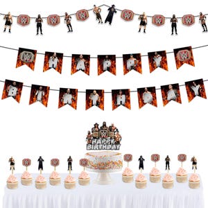 May include: A festive birthday party set featuring WWE-themed decorations. Includes a banner spelling "HAPPY BIRTHDAY" with wrestler images, a cake with a topper, and cupcake toppers. The decorations are set on a white tablecloth.