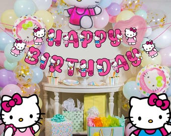 Kawaii Cute Cartoon Cat Happy Birthday Banner Party Decoration for Anime Theme Celebration, Adorable Cartoon Style Wall Décor