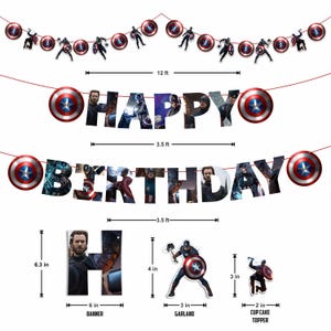 Pu&ograve; includere: Un set di decorazioni per feste di compleanno a tema Captain America. Include striscioni con la scritta "HAPPY BIRTHDAY", ritagli dello scudo e dei personaggi di Captain America e una ghirlanda. Lo striscione &egrave; lungo 107 cm e la ghirlanda &egrave; di 7.6 cm.