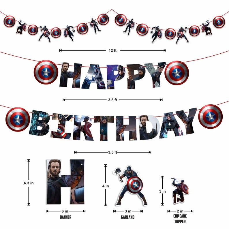 Pu&ograve; includere: Un set di decorazioni per feste di compleanno a tema Captain America. Include striscioni con la scritta "HAPPY BIRTHDAY", ritagli dello scudo e dei personaggi di Captain America e una ghirlanda. Lo striscione &egrave; lungo 107 cm e la ghirlanda &egrave; di 7.6 cm.