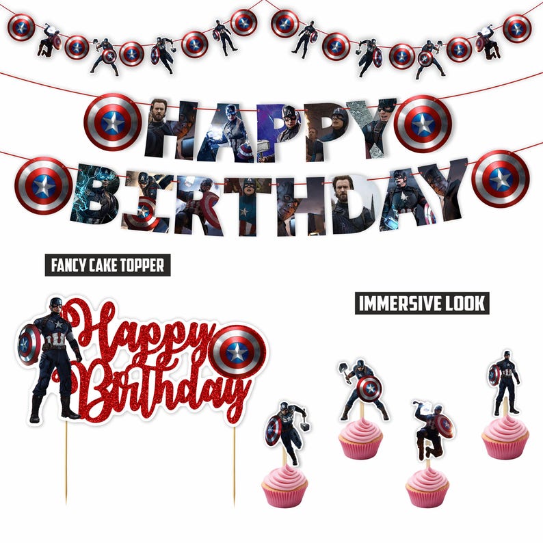 Pu&ograve; includere: Un set di decorazioni per feste di compleanno a tema Captain America. Include uno striscione con la scritta "Happy Birthday", ritagli di scudi e personaggi e decorazioni per cupcake. Il set presenta colori rosso, bianco e blu.