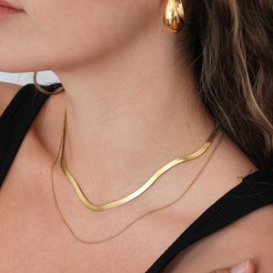 Gold Chain Necklace Set • Double Layering Chocker  • Flat Snake Chain Set • Minimalist •  Gift For Her