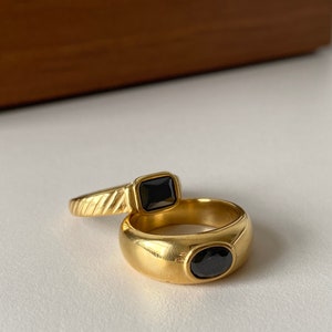 Gold Black Signet Ring  • Chunky Black Onyx Ring • Thick Minimal Ring • Gift For Her