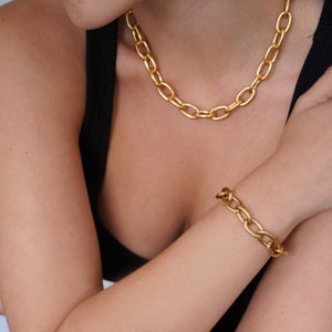 Gold Chunky T-bar Chain • Thick Link Necklace Set  • Chunky Link Toggle Bracelet • Gift For Her