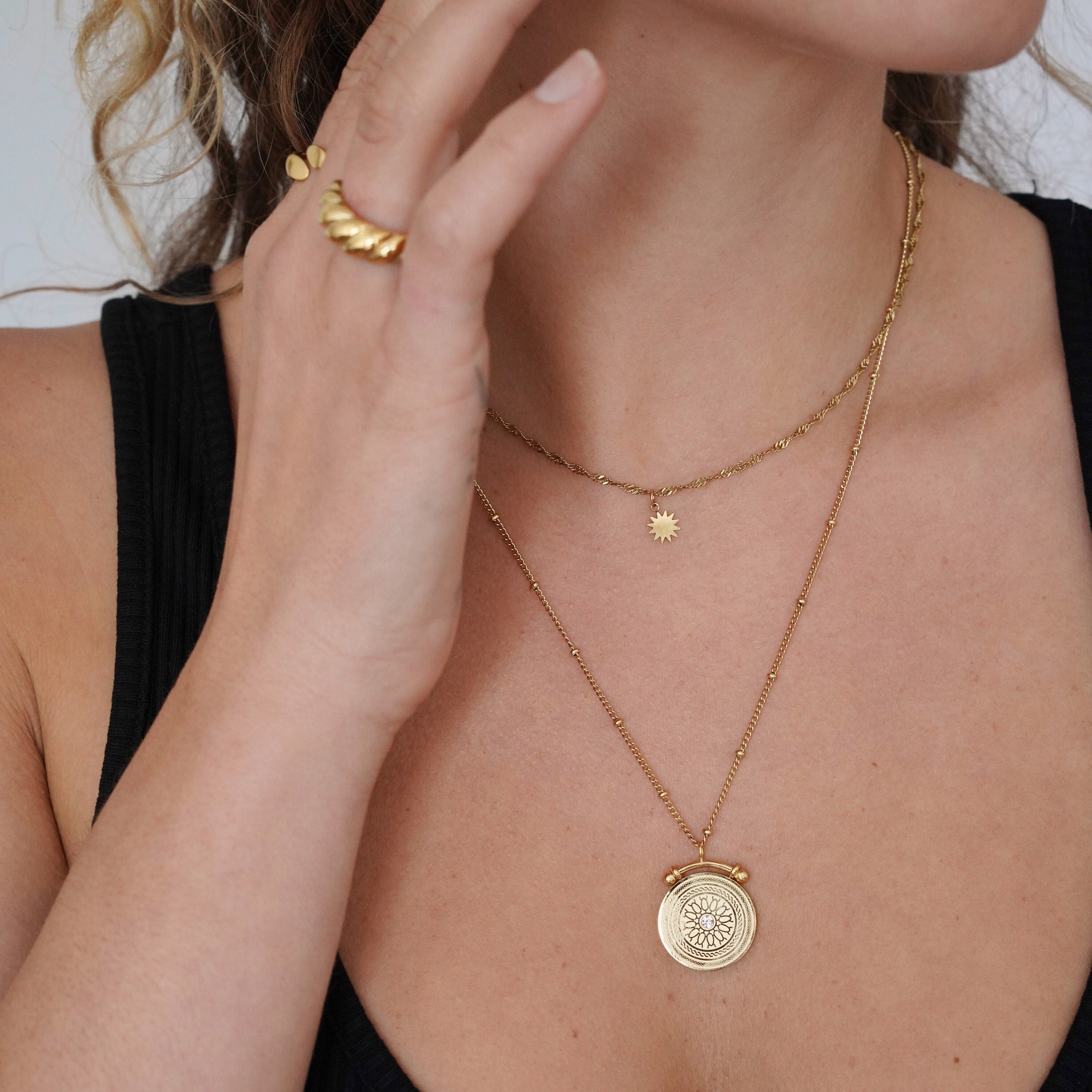 Layered gold coin necklace deals