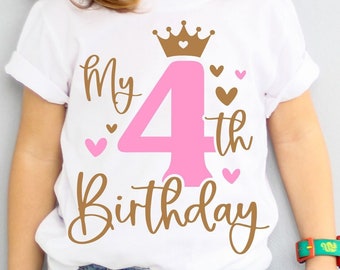 May include: A white t-shirt with a pink number four and the text "My 4th Birthday" in brown. A gold crown is above the number four. There are small pink hearts scattered around the design.