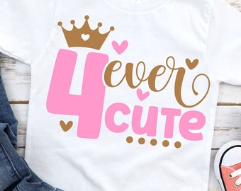 May include: A pink and gold graphic design on a white t-shirt with the text "4ever cute" and a crown.