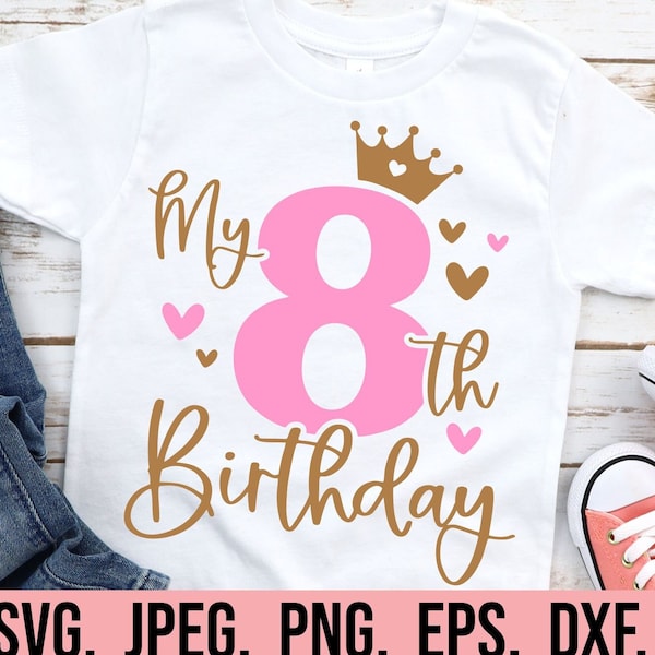 My 8th Birthday Girl SVG - Hello Eight SVG - Eighth Birthday SVG - Digital Download - Birthday Girl Design - 8 Cricut Cut File