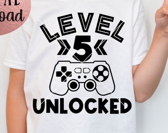 Niveau 5 ontgrendeld SVG - vijfde verjaardag gamer SVG - direct downloaden - png jpeg - Cricut Cut-bestand - 5e verjaardag jongen svg - videogame clipart