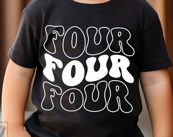 May include: Black t-shirt with white text that says "FOUR FOUR FOUR" in a retro font.