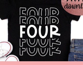 May include: Black t-shirt with white text that says "FOUR" in a layered, stacked design. The text is repeated multiple times in different sizes and styles.