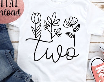 Two SVG - tweede verjaardag SVG - 2e verjaardag meisje - digitale download - verjaardag meisje ontwerp - Cricut gesneden bestand PNG - bloemen twee clipart