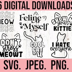 May include: Six digital downloads of cat-themed SVG, JPEG, and PNG files. The designs include text such as "Meow", "Feline Myself", "Show Me Your Kitties", "Don't Stress Meowt", "Cool Cat", and "I Hate Everyone".