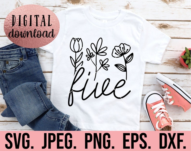 May include: A white t-shirt with a black floral design and the word "five" written in a cursive font.