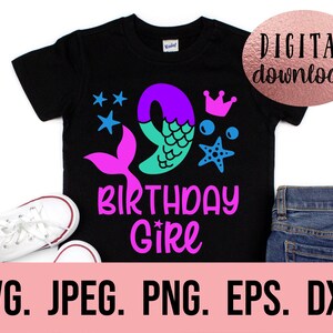 Sirène 9e anniversaire SVG - sous la mer neuvième anniversaire chemise SVG - téléchargement numérique - neuf anniversaire fille Design - fichier de coupe Cricut PNG