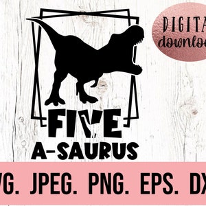 May include: Black and white graphic design featuring a dinosaur silhouette with the text "FIVE A-SAURUS" in a bold font. The design is framed by a square.